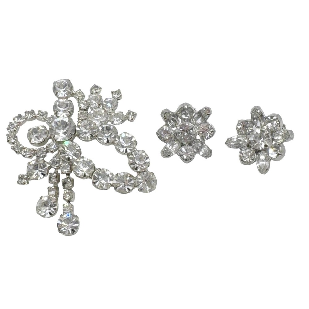 Juliana articulating clear Rhinestone Brooch & Clip On Earrings Set EUC